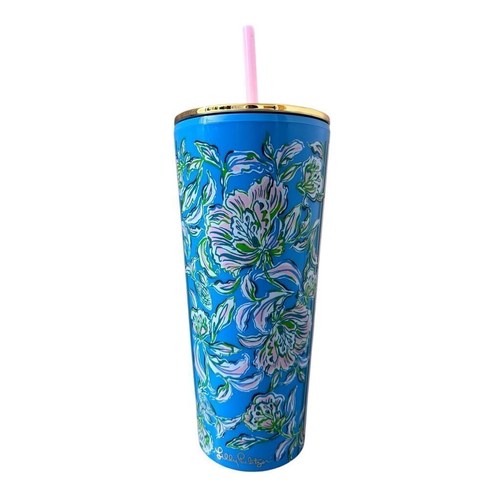 Lilly Pulitzer Tumbler with Straw Cumulus Blue Chick Magnet Gold Lid Cup Plastic
